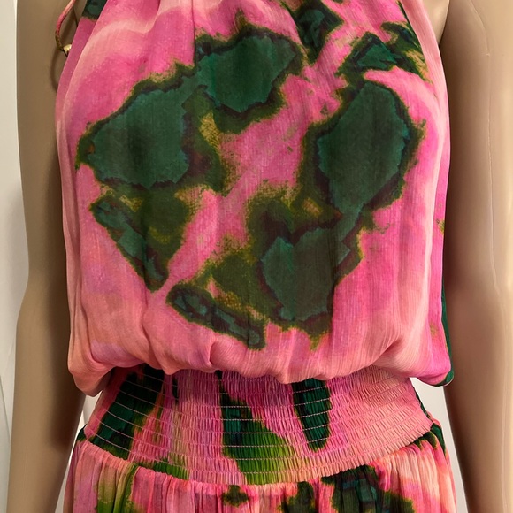 Pinko pink and green printed elastic waist halter maki dress - Picture 2 of 5